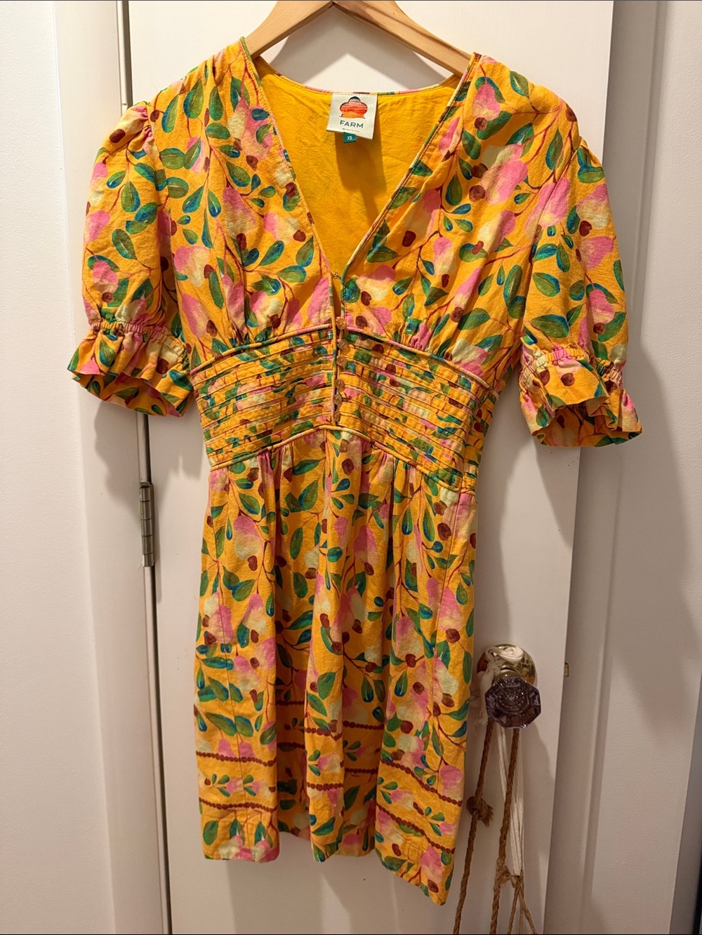 FARM Rio Yellow Floral Mini Dress with Pink and Green Leaves